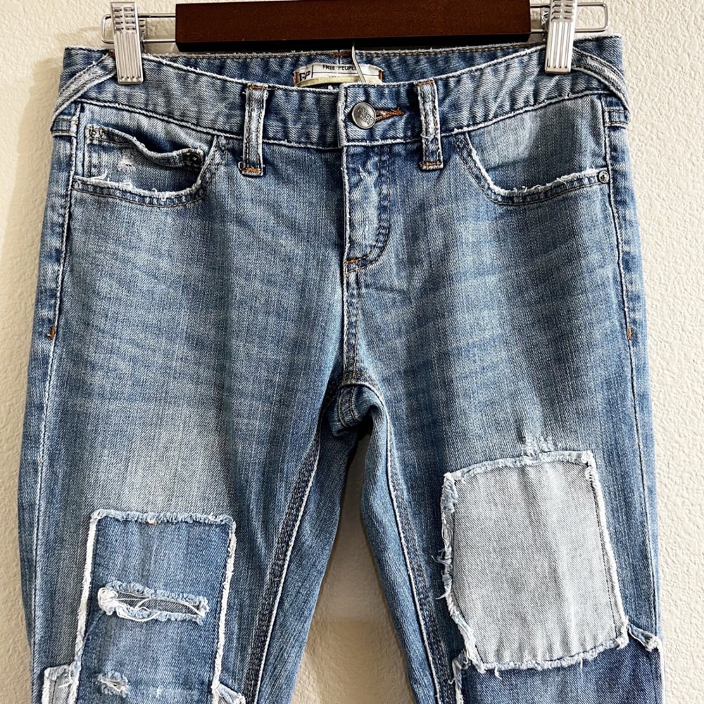 Free People Patchwork Distressed Skinny Jeans Blue Size 26 Womens Low Rise Boho - Picture 3 of 7